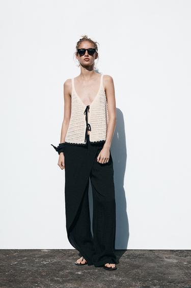 CROCHET LACE-UP TOP - Ecru / Black by Zara - Image 0