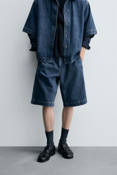 PLEATED RELAXED FIT DENIM BERMUDA SHORTS - Blue by Zara