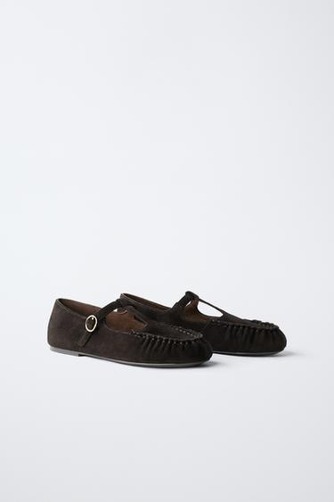 LEATHER T-BAR BALLET FLATS - Brown by Zara