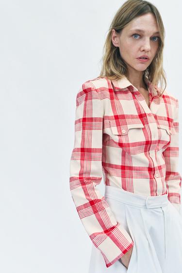 ZW COLLECTION CHECK SHIRT WITH SHOULDER PADS - Ecru / Red by Zara
