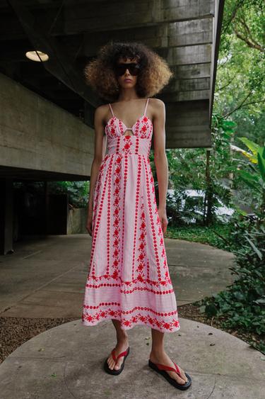 MIDI DRESS WITH CUTWORK EMBROIDERY - Pink by Zara