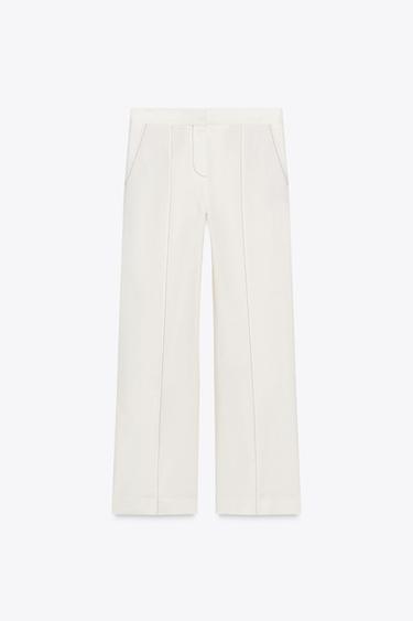 LINEN BLEND STRAIGHT-LEG TROUSERS WITH CONTRAST STITCHING - Ecru by Zara