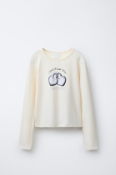 RIBBED T-SHIRT WITH HEARTS AND SLOGAN - Ecru by Zara