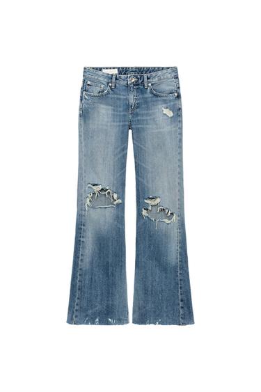 TRF MID-WAIST RIPPED FLARE JEANS - Blue by Zara