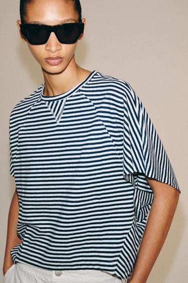 STRIPED OVERSIZED T-SHIRT - Blues by Zara