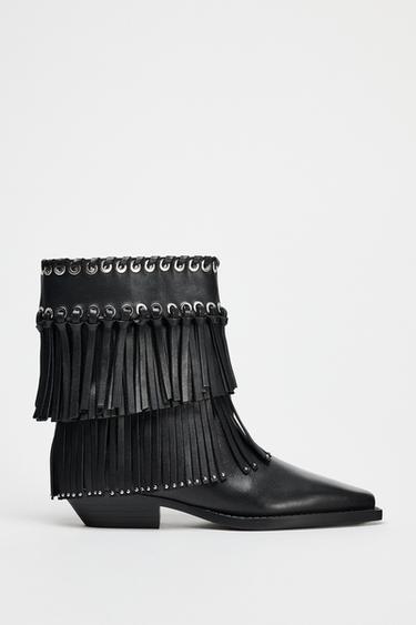 FRINGED STUD ANKLE BOOTS - Black by Zara - Image 0