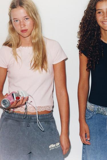 STUDDED LACE HEM T-SHIRT - Pink by Zara