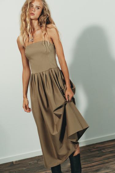STRAPLESS MIDI DRESS - Khaki by Zara
