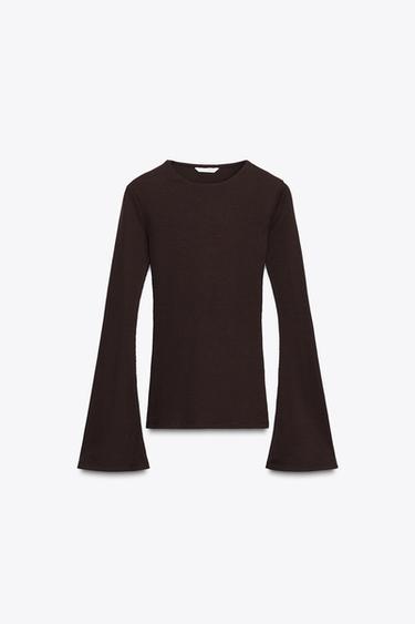 RIB T-SHIRT WITH FLARED SLEEVES - Chocolate by Zara