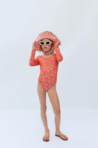 AGES 4-14 / LIMITED EDITION FLORAL LONG SLEEVE SWIMSUIT - Red / Orange by Zara