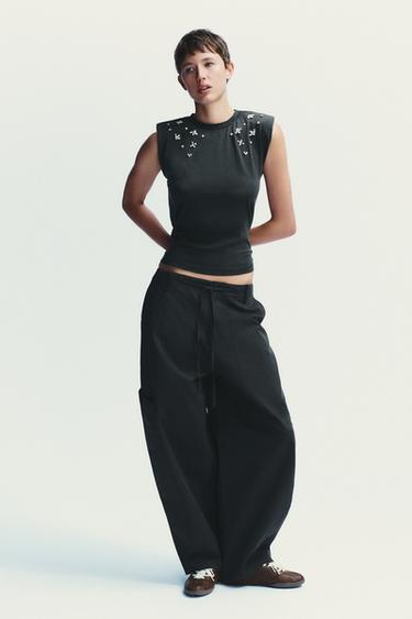 JEWEL SHOULDER PAD FADED-EFFECT T-SHIRT - Anthracite grey by Zara