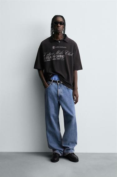 WASHED SLOGAN PRINT POLO SHIRT - charcoal grey by Zara - Image 0