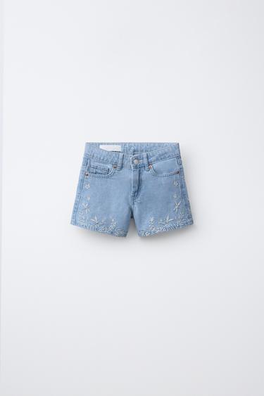 EMBROIDERED DENIM BERMUDA SHORTS - Light blue by Zara