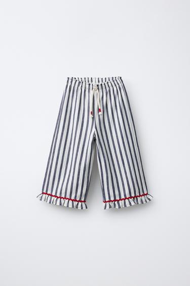 WOVEN STRIPE TROUSERS WITH RUFFLE TRIM - Navy blue by Zara