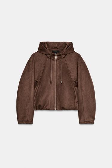FAUX SUEDE HOODIE BOMBER JACKET - Brown by Zara