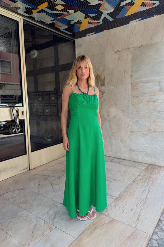 LINEN BLEND STRAPPY MIDI DRESS - Green by Zara - Image 0