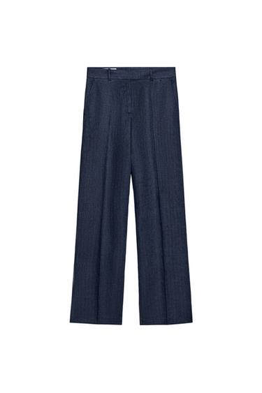 100% LINEN HERRINGBONE TROUSERS - Indigo by Zara