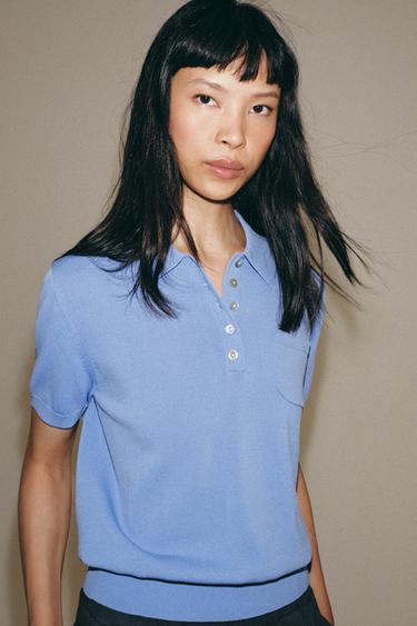 SHORT SLEEVE KNIT POLO SHIRT - Mid-blue by Zara