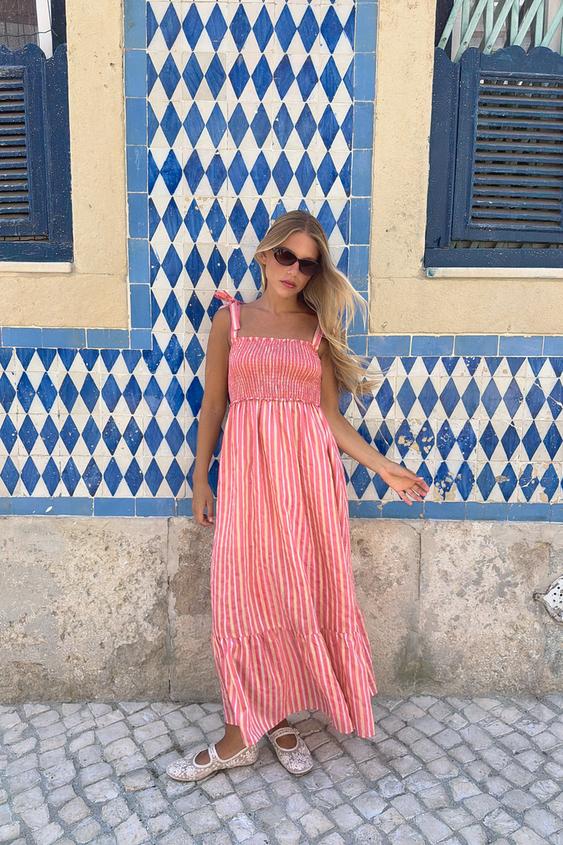 STRIPED MIDI DRESS - Pink / White by Zara - Image 0