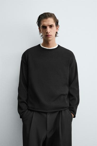TEXTURED TURN-UP TRIM SWEATER - Black by Zara