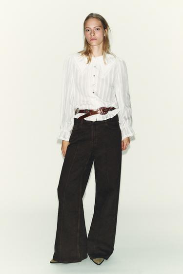 LACE TRIM PETER PAN COLLAR SHIRT - Oyster-white by Zara