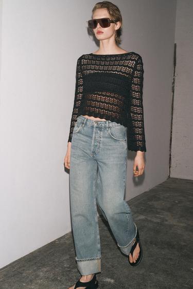 POINTELLE KNIT CROPPED SWEATER - Black by Zara - Image 0