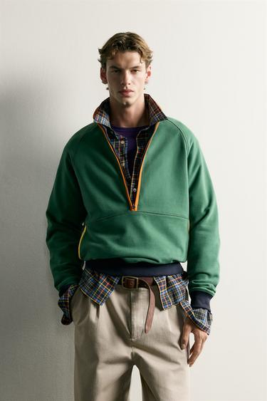 COLOUR BLOCK QUARTER-ZIP SWEATSHIRT - Green by Zara