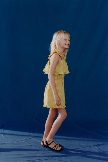 GINGHAM CHECK JUMPSUIT WITH RUFFLE 100% LINEN - Yellow by Zara