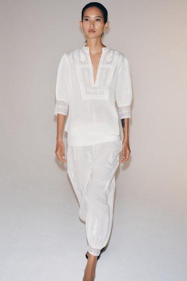 ZW COLLECTION EMBROIDERED SAROUEL TROUSERS - Ecru by Zara