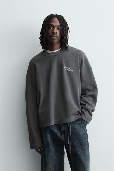 TEXTURED SWEATSHIRT WITH SLOGAN PRINT - Charcoal grey by Zara