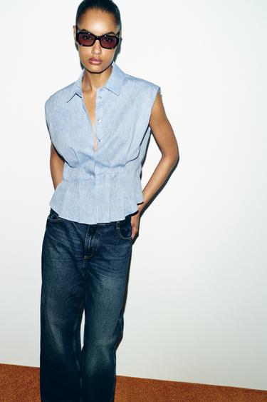 LINEN BLEND DARTED TOP - Blue by Zara