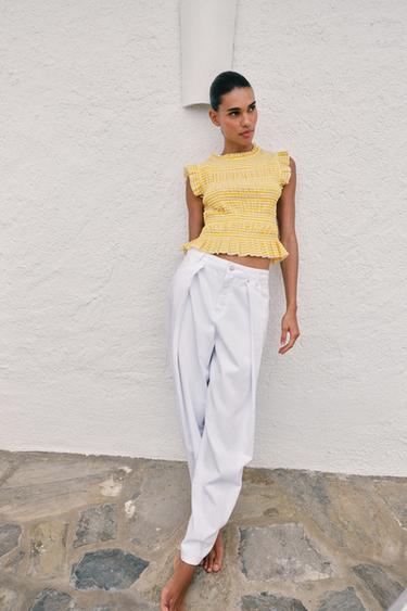 GINGHAM SMOCKED TOP - Ecru/Yellow by Zara