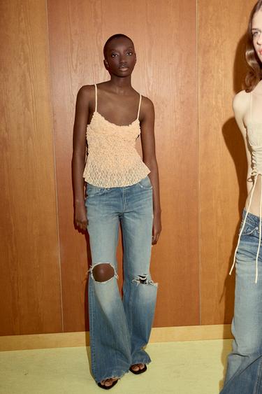 LACE GATHERED TOP - Pastel yellow by Zara