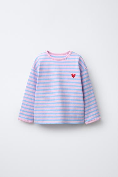 STRIPED T-SHIRT WITH EMBROIDERED HEART - Pastel blue by Zara