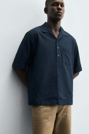 COTTON/LINEN POLO SHIRT - Navy blue by Zara