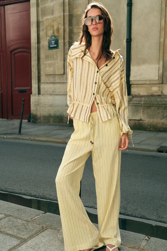 STRIPED LINEN BLEND TROUSERS - Yellow by Zara - Image 0