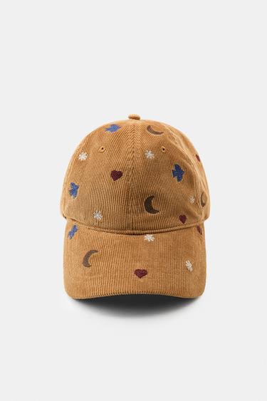 CORDUROY CAP WITH BIRDS AND MOONS EMBROIDERY - camel by Zara