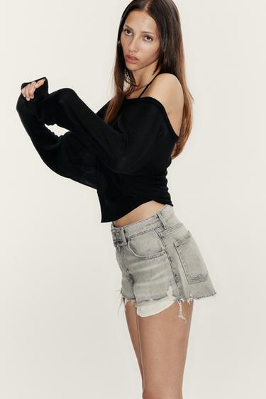 TRF HIGH-WAIST RIPPED DENIM SHORTS - Light grey by Zara