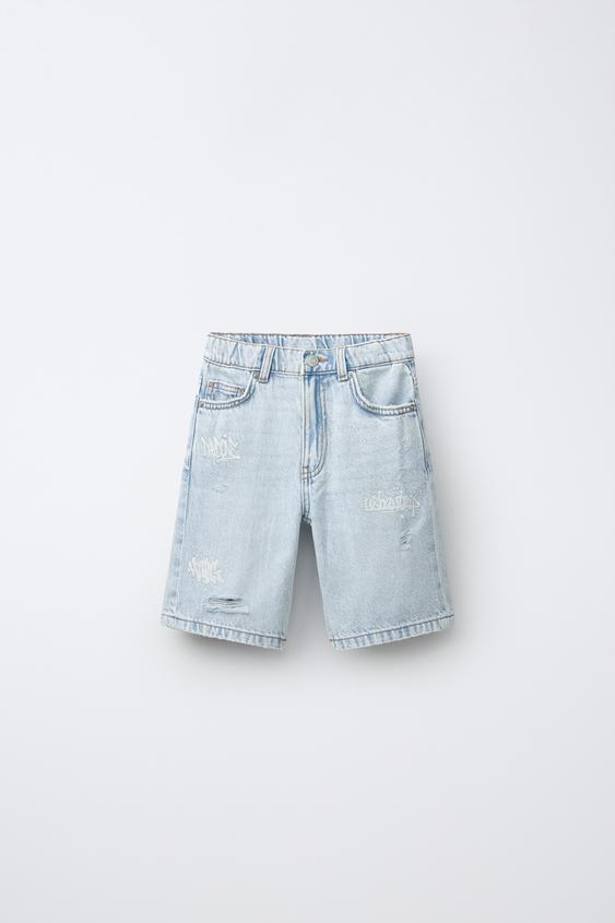 RIPPED DENIM BERMUDA SHORTS WITH GRAFFITI - Blue by Zara - Image 0