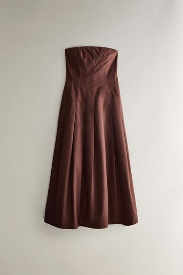 LONG POPLIN STRAPLESS DRESS - Brown by Zara