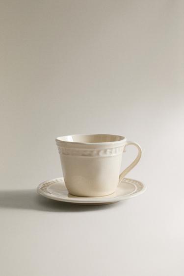 RAISED STONEWARE COFFEE CUP AND SAUCER - Cream by Zara