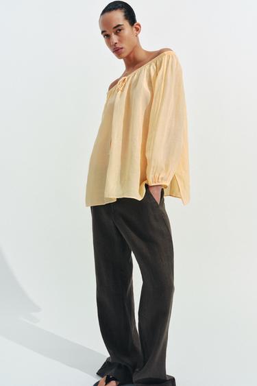 ZW COLLECTION LINEN BLEND BLOUSE - Pastel yellow by Zara