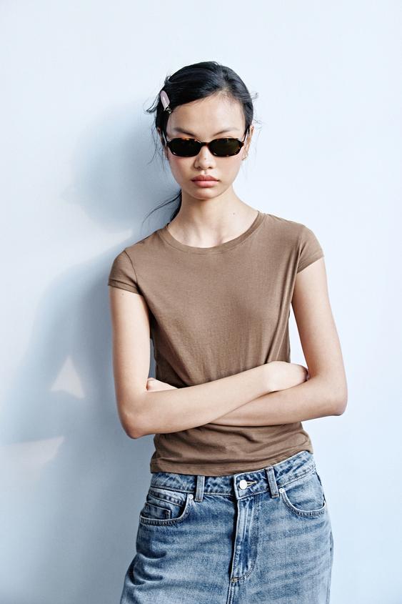 MINIMALIST SHORT SLEEVE T-SHIRT - Light brown by Zara - Image 0