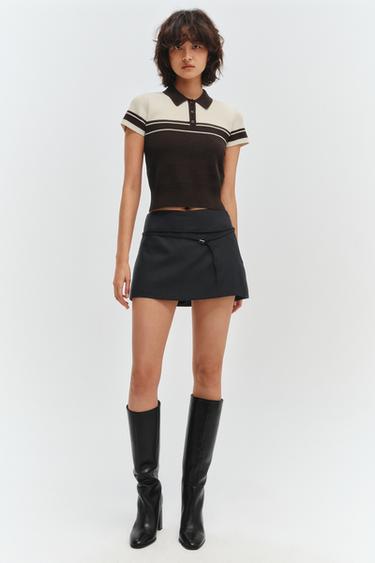 SHORT SLEEVE RIB KNIT JUMPER - Brown / Ecru by Zara