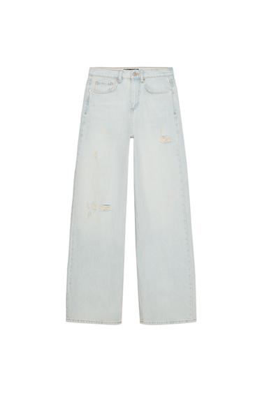 Z1975 RIPPED STRAIGHT MID-WAIST JEANS - Light blue by Zara