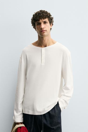 BUTTON-NECK GRID T-SHIRT - Oyster-white by Zara