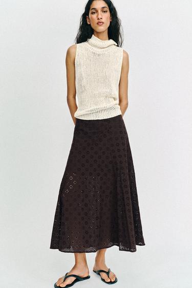 MIDI SKIRT WITH CUTWORK EMBROIDERY - Brown by Zara
