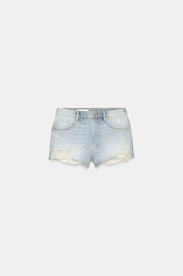 TRF HIGH-WAIST RIPPED DENIM SHORTS - Mid-blue by Zara