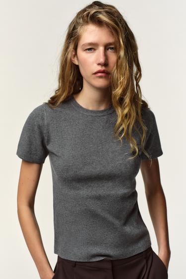 SHORT SLEEVE SOFT-TOUCH KNIT JUMPER - Grey marl by Zara