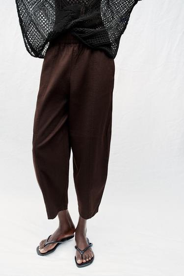 BARREL LINEN BLEND TROUSERS - Brown by Zara